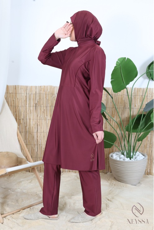 Burkini bordeaux 3 pièces avec tunique zippé, hijab inclus