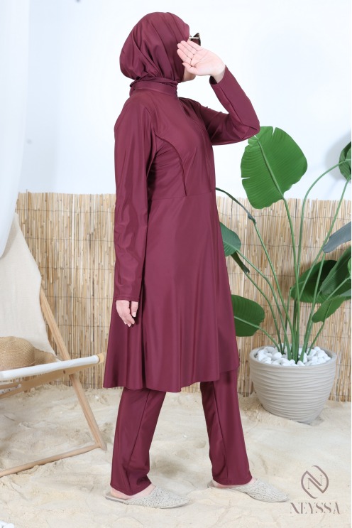 Burkini bordeaux 3 pièces avec tunique zippé, hijab inclus