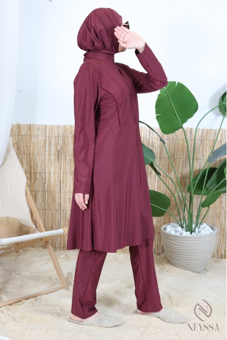 Burkini bordeaux 3 pièces avec tunique zippé, hijab inclus