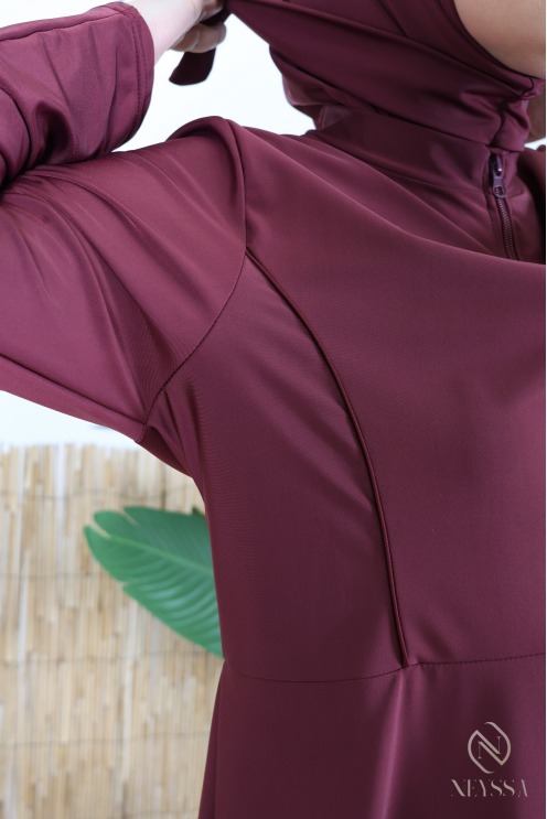 3-piece burgundy burkini set with zippered tunic, hijab included