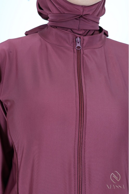 Burkini bordeaux 3 pièces avec tunique zippé, hijab inclus