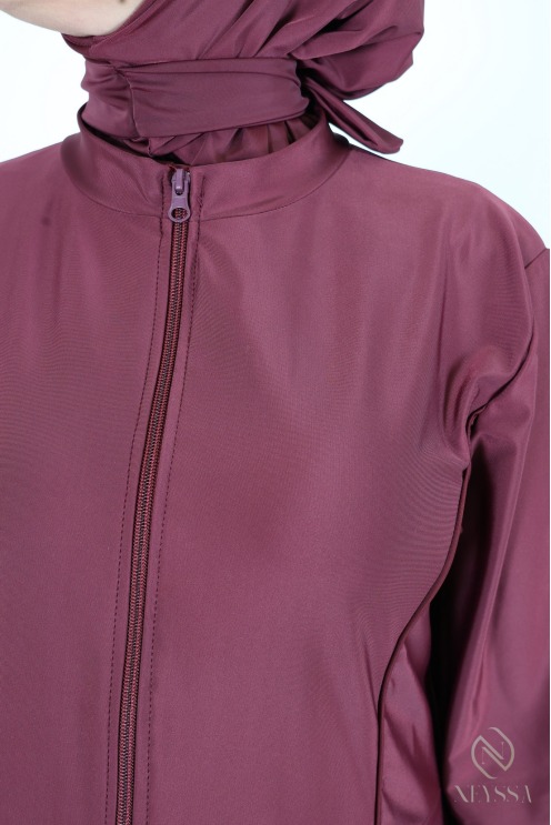 3-piece burgundy burkini set with zippered tunic, hijab included