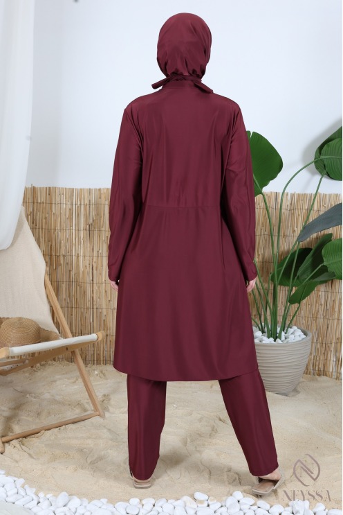 3-piece burgundy burkini set with zippered tunic, hijab included