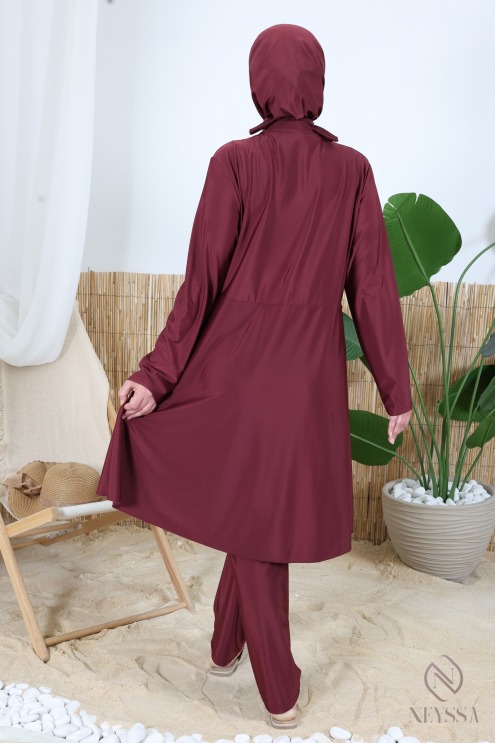 3-piece burgundy burkini set with zippered tunic, hijab included
