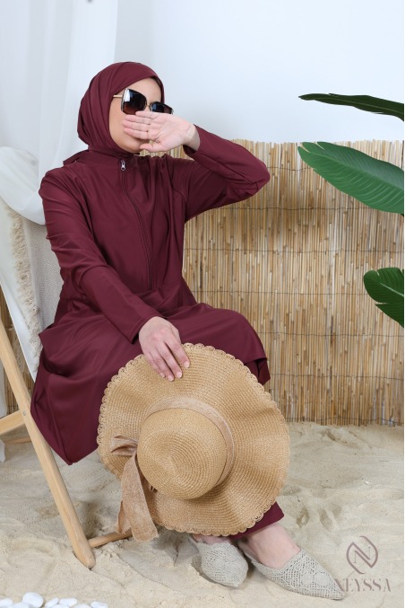 3-piece burgundy burkini set with zippered tunic, hijab included