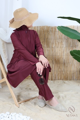 Burkini bordeaux 3 pièces avec tunique zippé, hijab inclus