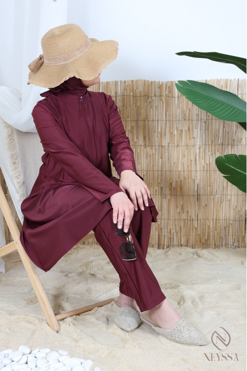 3-teiliger burgunderroter Burkini mit Tunika mit Reißverschluss