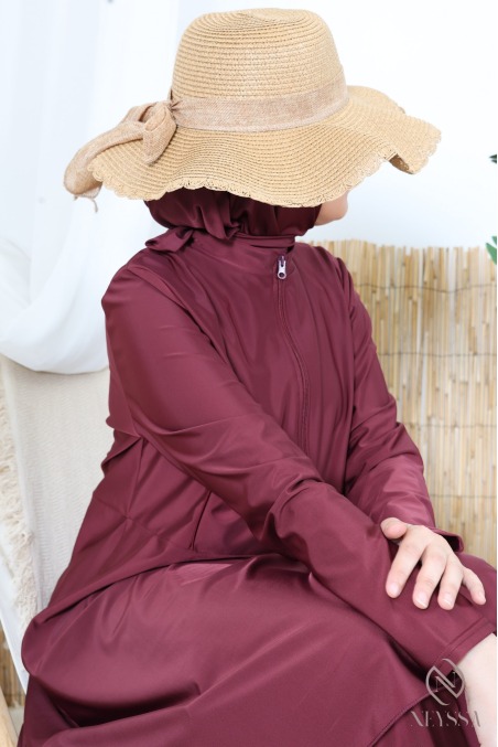 3-teiliger burgunderroter Burkini mit Tunika mit Reißverschluss