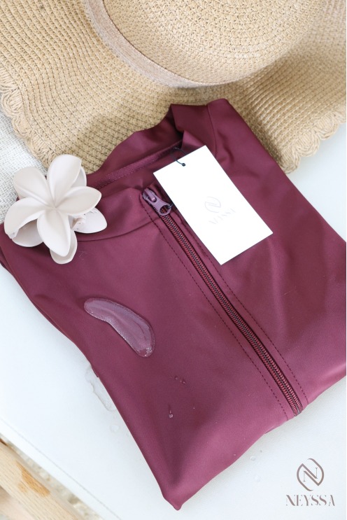 3-piece burgundy burkini set with zippered tunic, hijab included