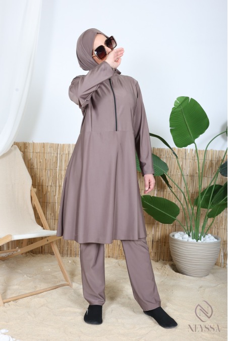 Badeburkini lange Tunika mit Reißverschluss mit Hose und Kapuze Sommer 2024