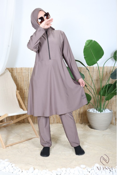 Badeburkini lange Tunika mit Reißverschluss mit Hose und Kapuze Sommer 2024