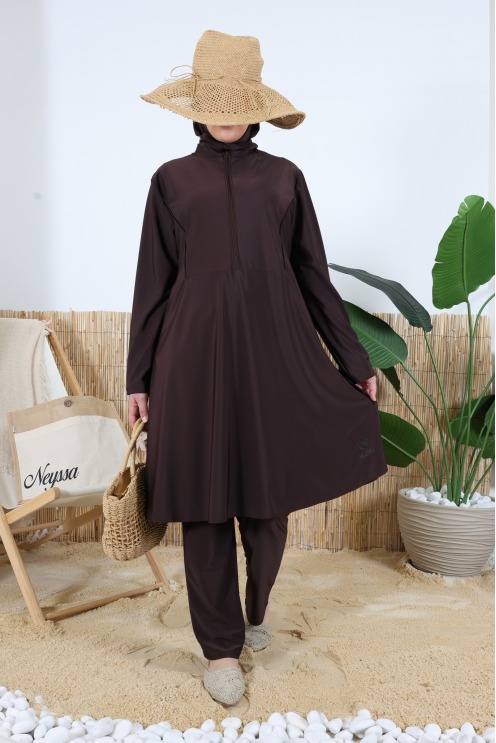 Burkini 3 pièces tunique avec zip + pantalon et cagoule de bain