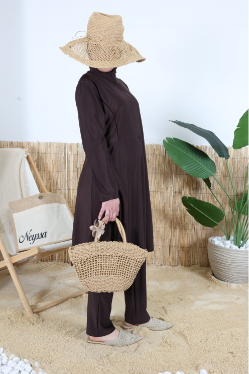 Burkini 3 pièces tunique avec zip + pantalon et cagoule de bain