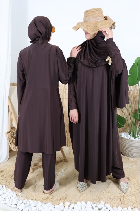 Burkini 3 pièces tunique avec zip + pantalon et cagoule de bain