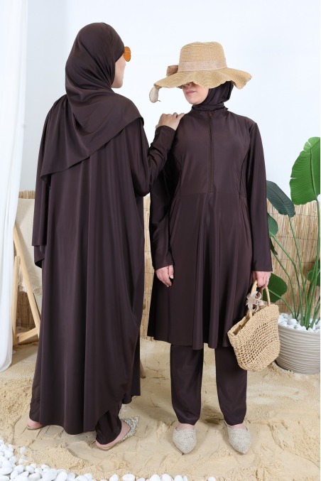 3-teiliger Burkini: Tunika mit Reißverschluss + Hose und Badekappe
