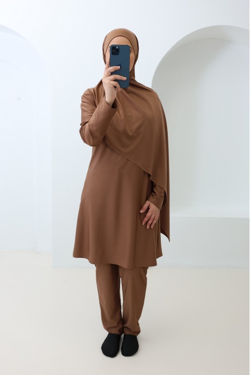 Burkini modeste femme hijabi noisette 3 pièces, tissu hydrofuge
