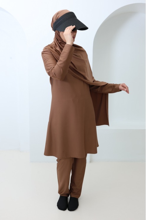 Burkini modeste femme hijabi noisette 3 pièces, tissu hydrofuge