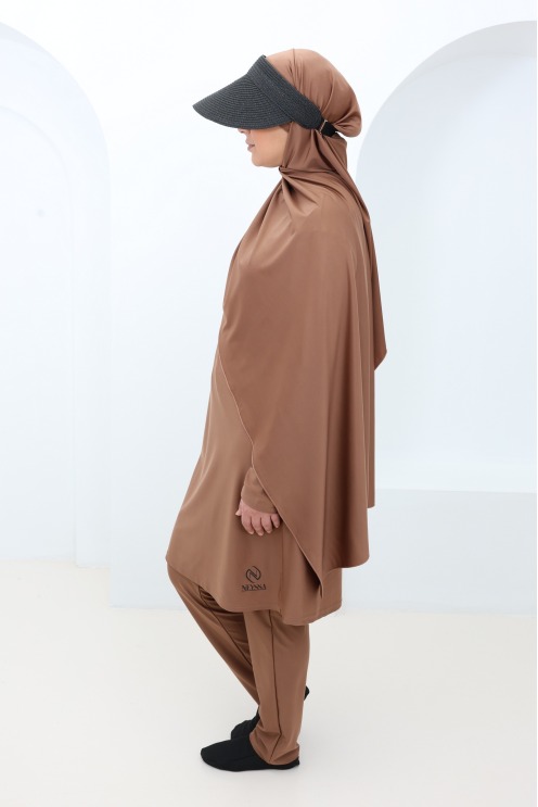 Burkini modeste femme hijabi noisette 3 pièces, tissu hydrofuge