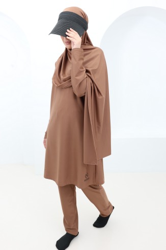Burkini modeste femme hijabi noisette 3 pièces, tissu hydrofuge