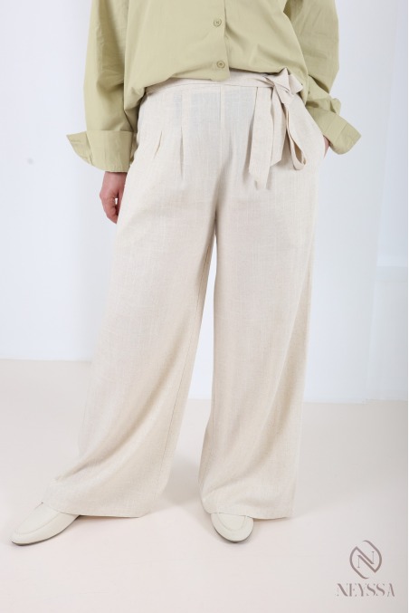 Linen-blend palazzo trousers, elasticated waist, with pockets and belt