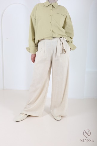 Linen-blend palazzo trousers, elasticated waist, with pockets and belt 2