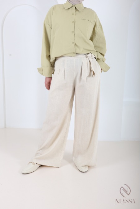 Linen-blend palazzo trousers, elasticated waist, with pockets and belt