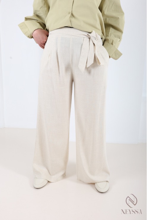 Linen-blend palazzo trousers, elasticated waist, with pockets and belt