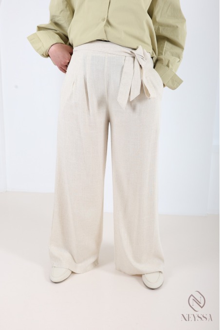 Linen-blend palazzo trousers, elasticated waist, with pockets and belt