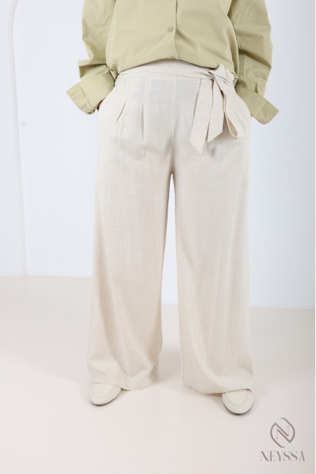 Linen-blend palazzo trousers, elasticated waist, with pockets and belt
