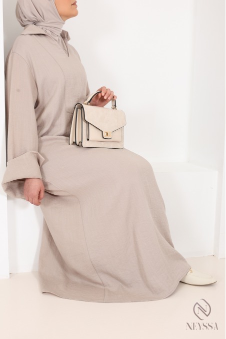 Robe longue ample femme avec tissu effet lin, manches revers