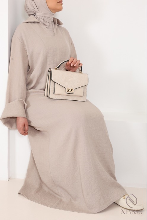 Weites langes Damenkleid aus Stoff in Leinenoptik mit Umschlagärmeln