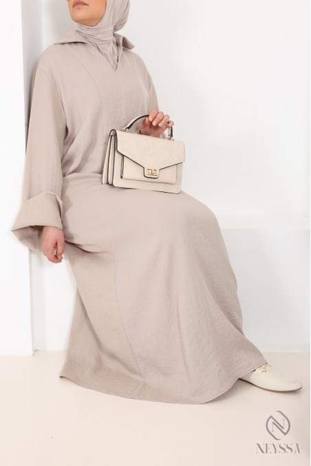 Weites langes Damenkleid aus Stoff in Leinenoptik mit Umschlagärmeln