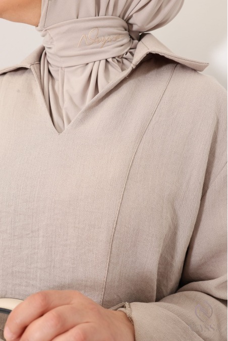 Weites langes Damenkleid aus Stoff in Leinenoptik mit Umschlagärmeln