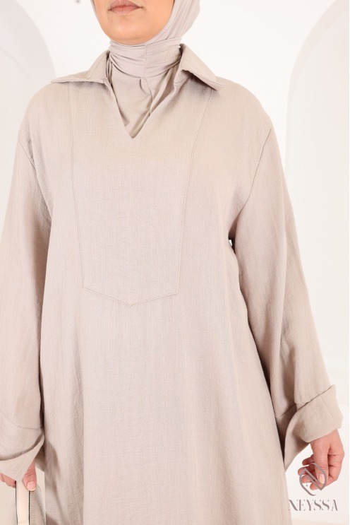 Robe longue ample femme avec tissu effet lin, manches revers