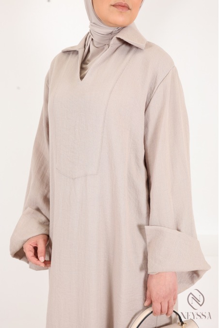 Robe longue ample femme avec tissu effet lin, manches revers