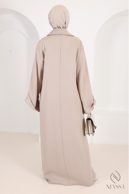 Weites langes Damenkleid aus Stoff in Leinenoptik mit Umschlagärmeln