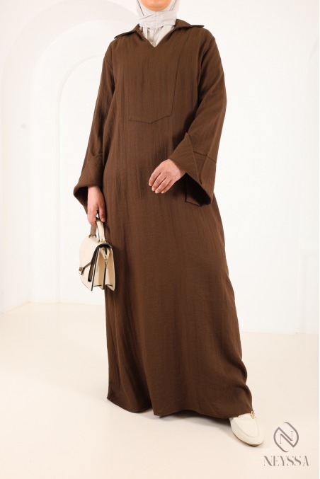 Loose-fitting maxi dress with turn-up sleeves, linen-effect fabric