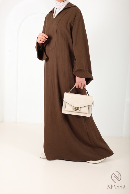 Weites langes Kleid mit Umschlagärmeln, Stoff in Leinenoptik