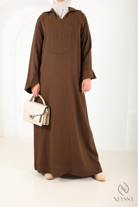 Loose-fitting maxi dress with turn-up sleeves, linen-effect fabric