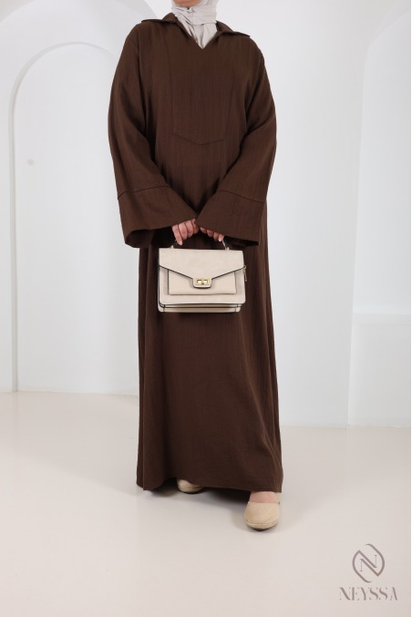 Robe longue ample manches revers, col chemise, tissu effet lin