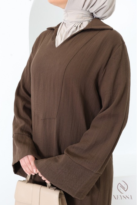 Robe longue ample manches revers, col chemise, tissu effet lin