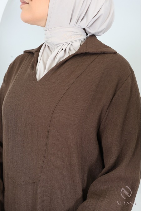 Robe longue ample manches revers, col chemise, tissu effet lin