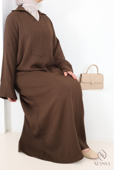 Robe longue ample manches revers, col chemise, tissu effet lin