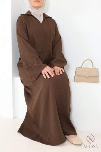 Robe longue ample manches revers, col chemise, tissu effet lin