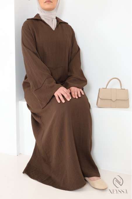 Loose-fitting maxi dress with turn-up sleeves, linen-effect fabric