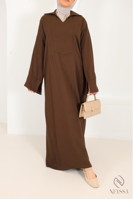 Loose-fitting maxi dress with turn-up sleeves, linen-effect fabric