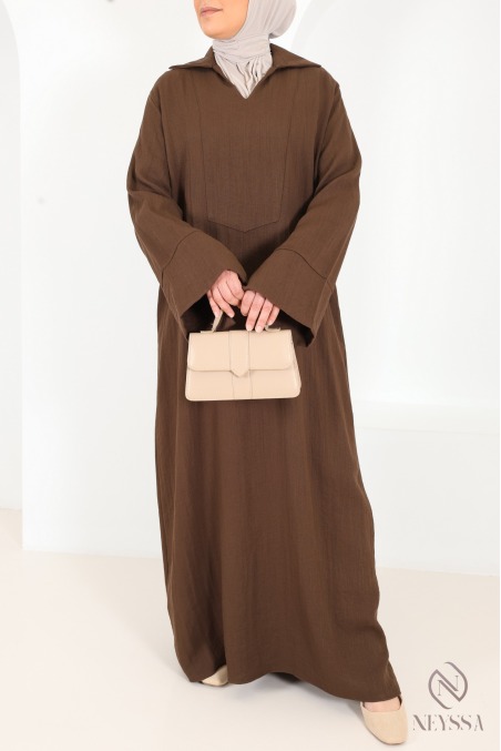 Robe longue ample manches revers, col chemise, tissu effet lin