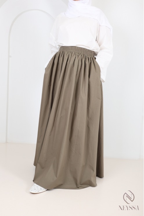 Jupe longue beige en coton avec doublure coupe évasée