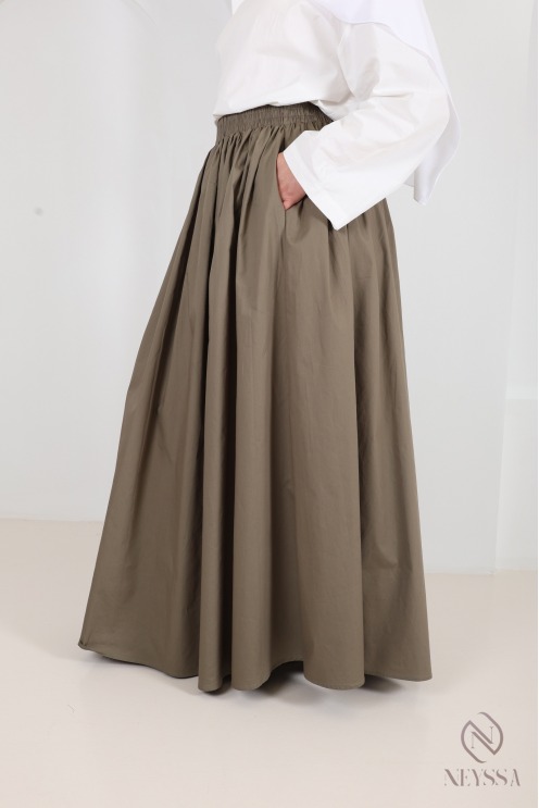 Jupe longue beige en coton avec doublure coupe évasée