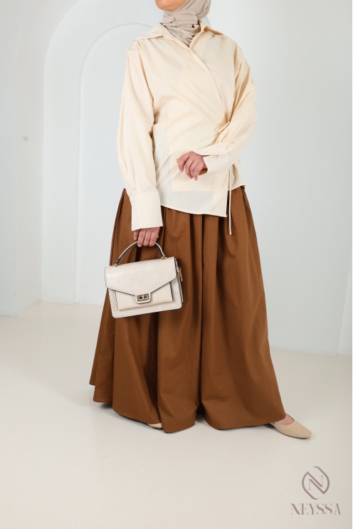 Jupe longue beige en coton avec doublure coupe évasée